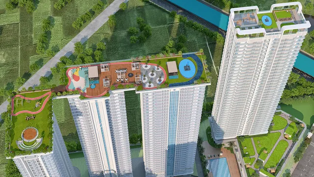 Central Park Delphine - aerial of towers and podium amenities thumbnail