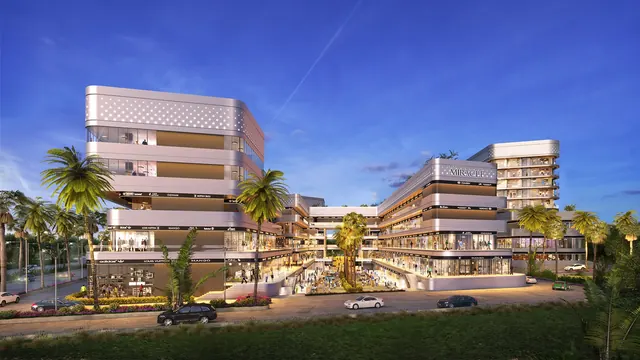 Elan Miracle - Street-side elevation with palm-lined drop-off (render) thumbnail