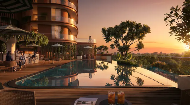 Eldeco Terra & Sol - pool deck at sunset render thumbnail