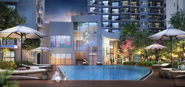 Godrej Habitat Gurgaon - clubhouse and pool at dusk thumbnail