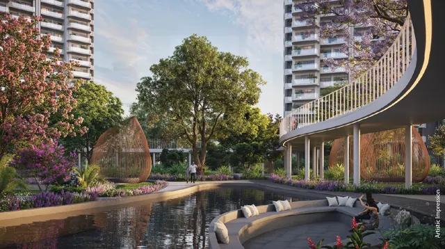 M3M Forestia West - landscaped lagoon with skywalk thumbnail