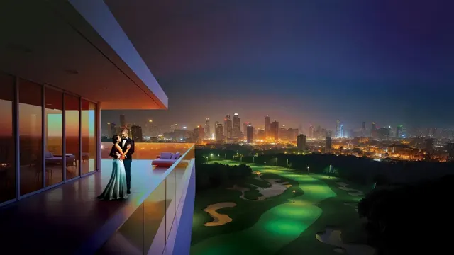 M3M St Andrews - Balcony view over golf course and city skyline at night, render thumbnail