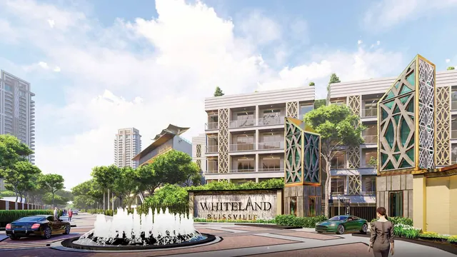 Whiteland Blissville - entrance with fountain and low-rise blocks (render, 1920px) thumbnail