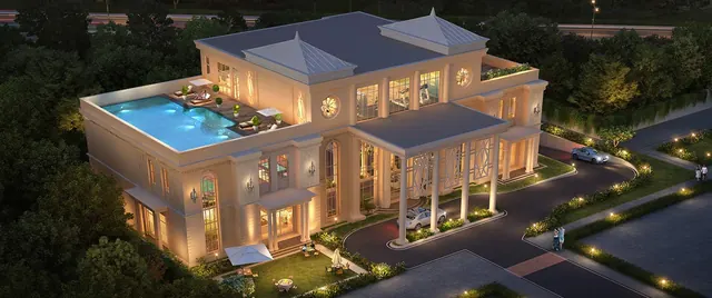 Whiteland Blissville - clubhouse with rooftop pool at night (render) thumbnail